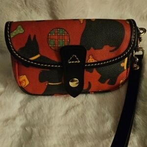 Dooney & Bourke Red And Black Scottish Dog Wristlet With Bone Charm